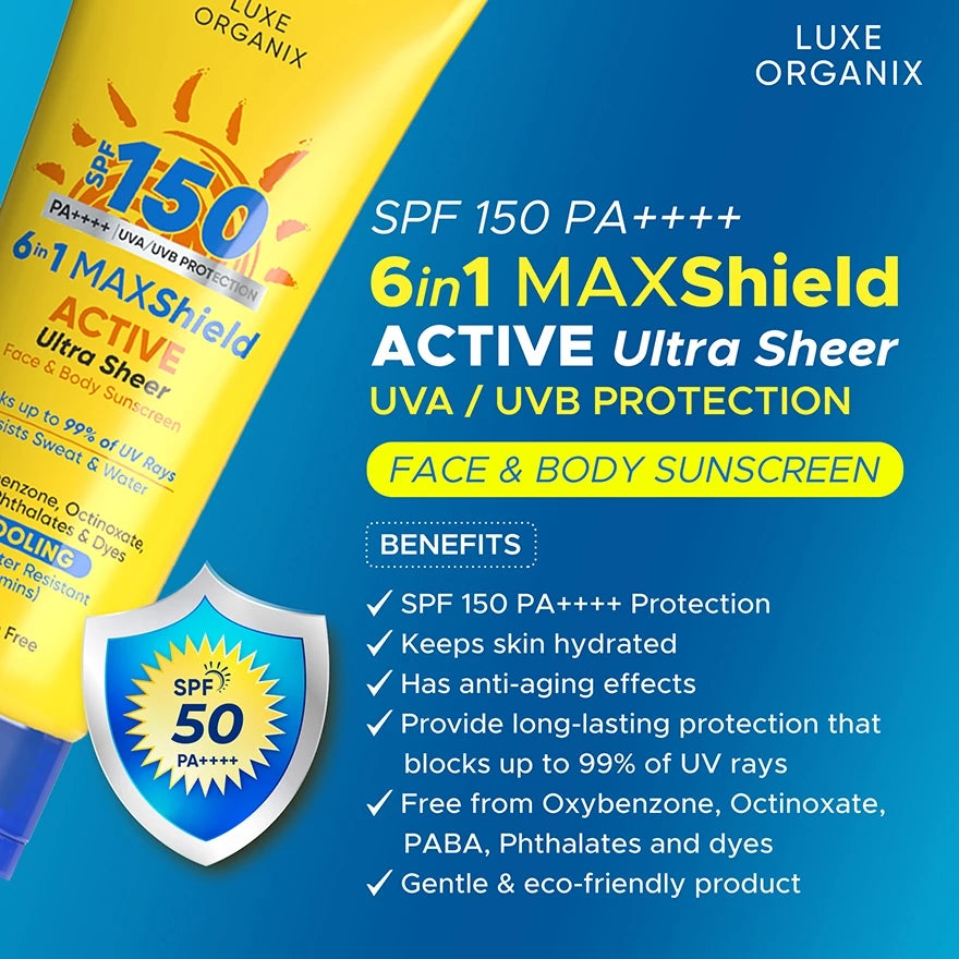 Luxe Organix 6-in-1 MAXShield Active Ultra Sheer Face & Body Sunscreen 100ml