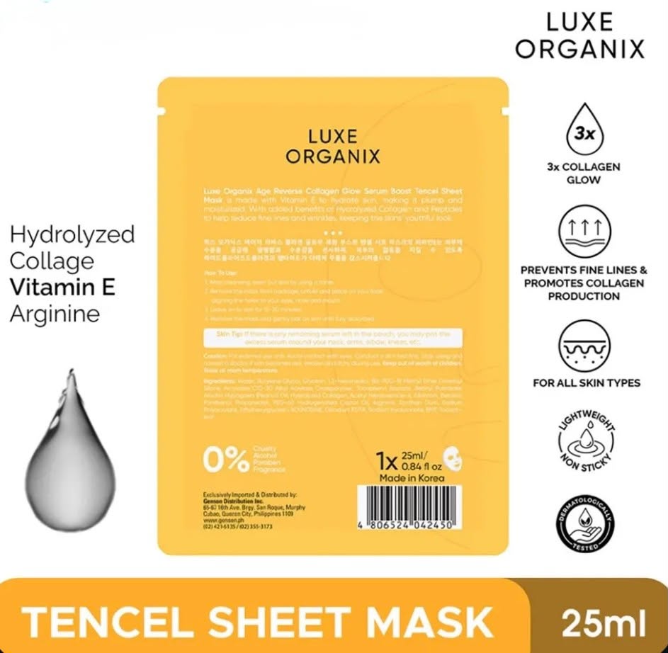 Luxe Organix Age Reverse Collagen Glow Serum Boost Tencel Sheet Mask 25ml