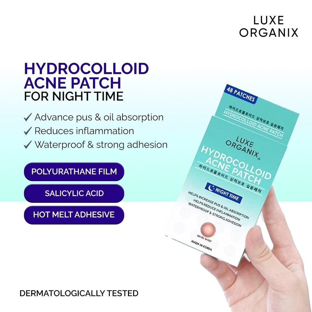Hydrocolloid Acne Spot Patch Night by Luxe Organix – back label and ingredients