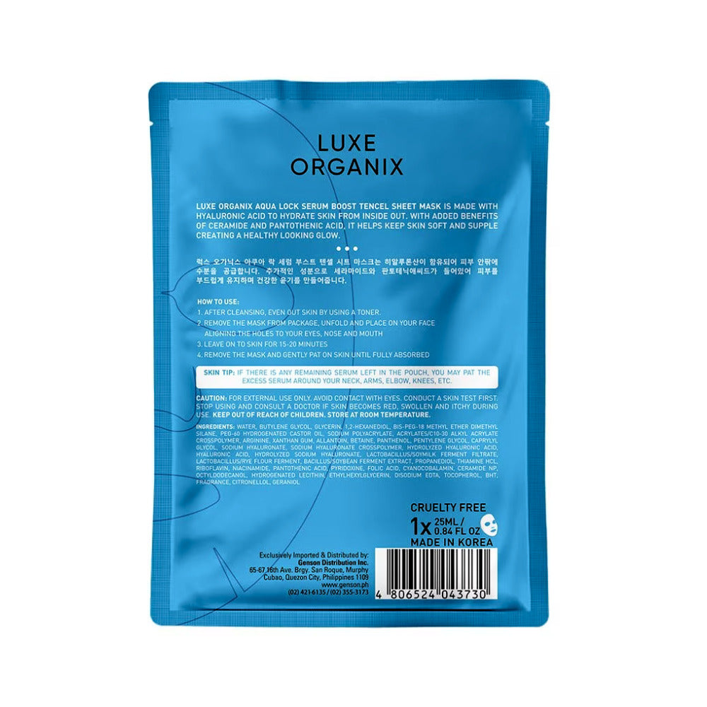 Serum Boost Sheet Mask by Luxe Organix – back label and ingredients
