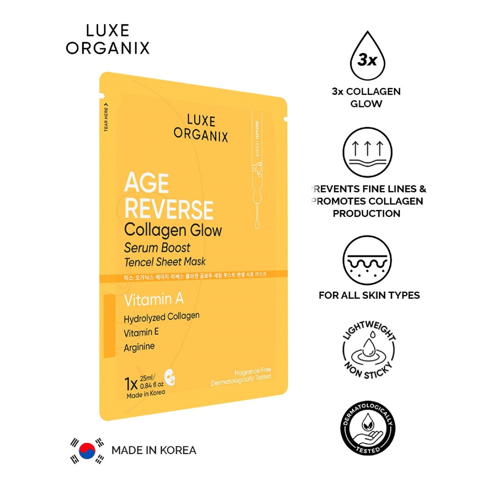 Collagen Glow Serum Boost Tencel Sheet Mask by Luxe Organix – back label and ingredients