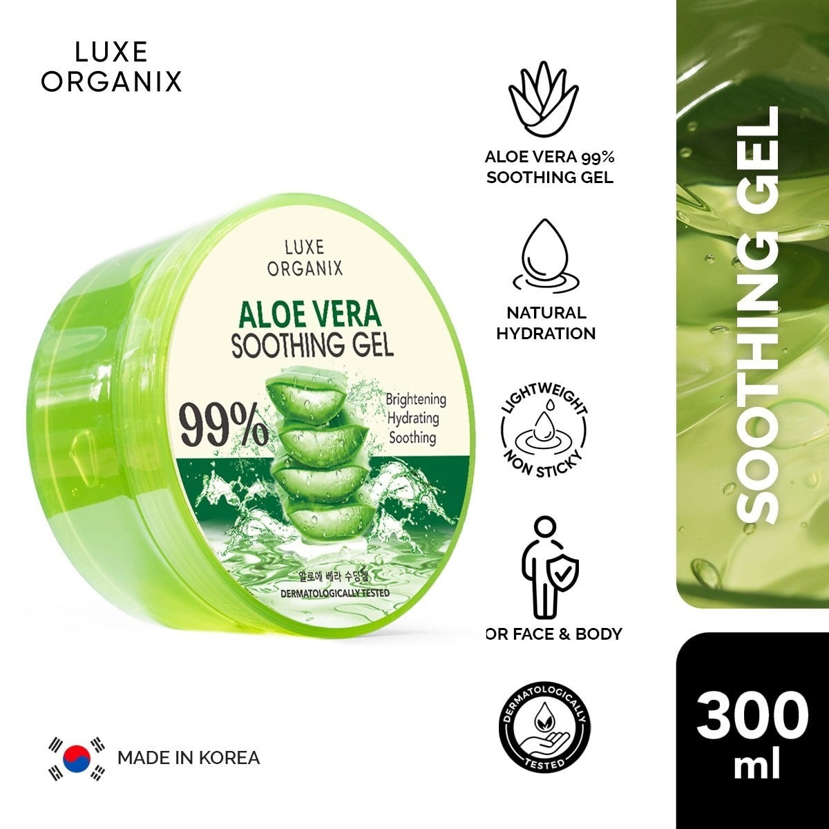 Aloe Vera Soothing Gel 99% by Luxe Organix – back label and ingredients
