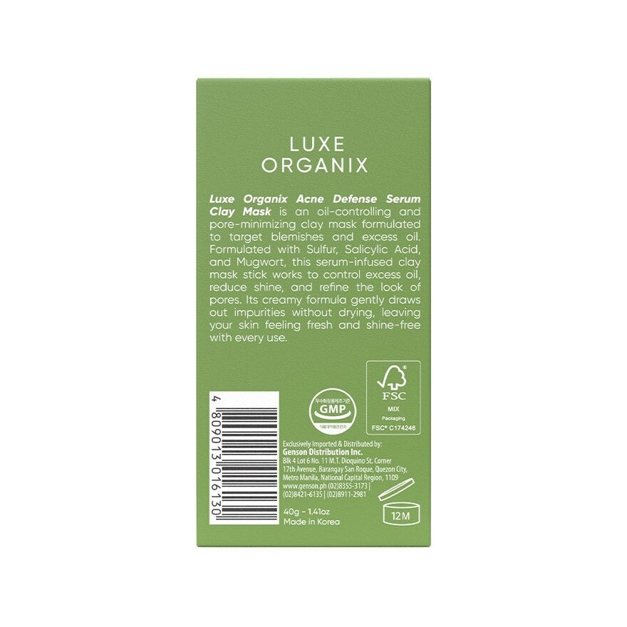 Acne Defense Mugwort Clay Mask by Luxe Organix – back label and ingredients