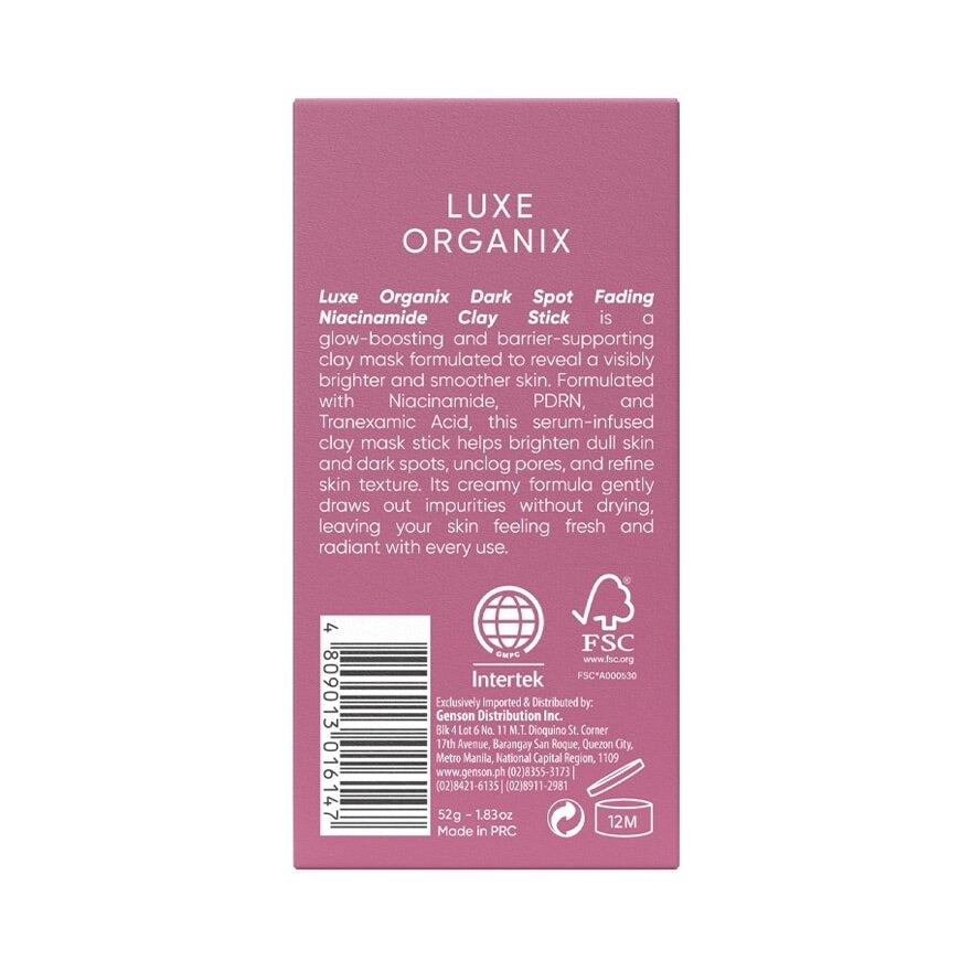 Dark Fading Spot Niacinamide Clay Mask by Luxe Organix – back label and ingredients