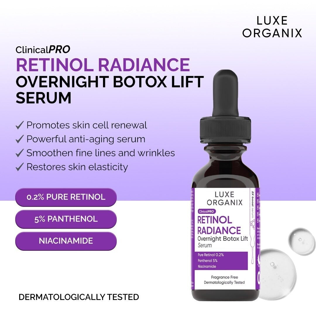 Retinol Radiance Serum by Luxe Organix – back label and ingredients