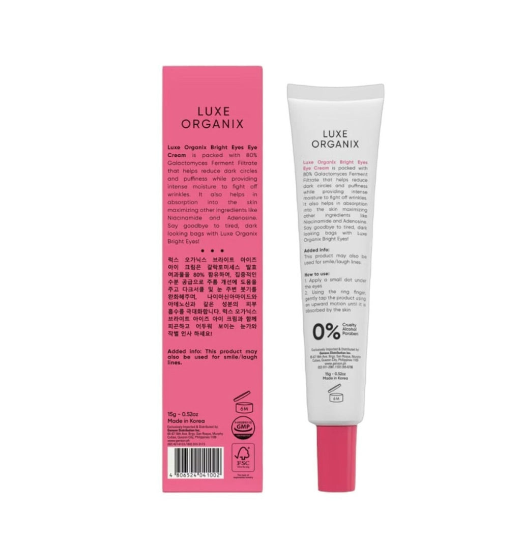Bright Eyes Eye Cream 80% Galactomyces by Luxe Organix – back label and ingredients