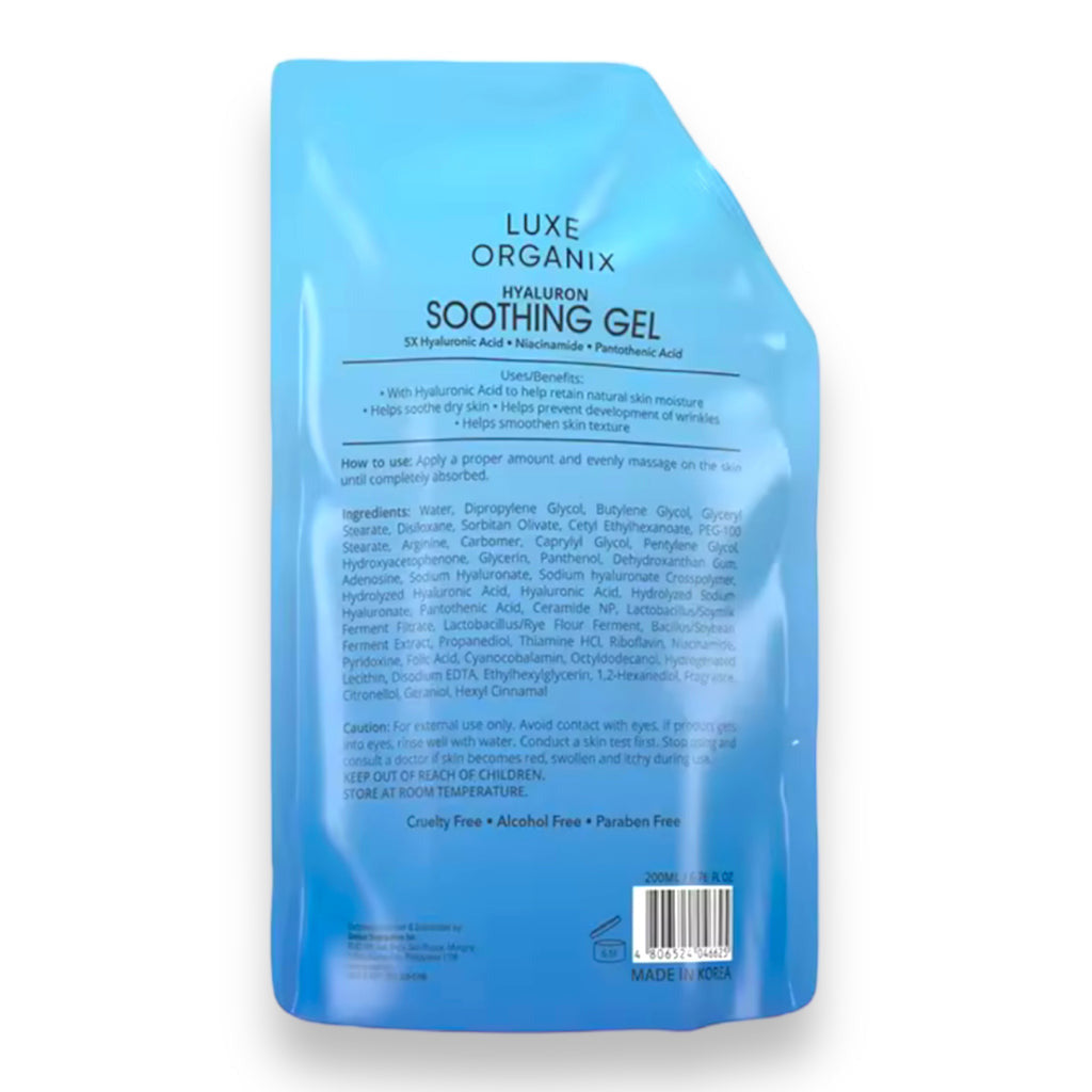 Hyaluron Soothing Gel by Luxe Organix – back label and ingredients
