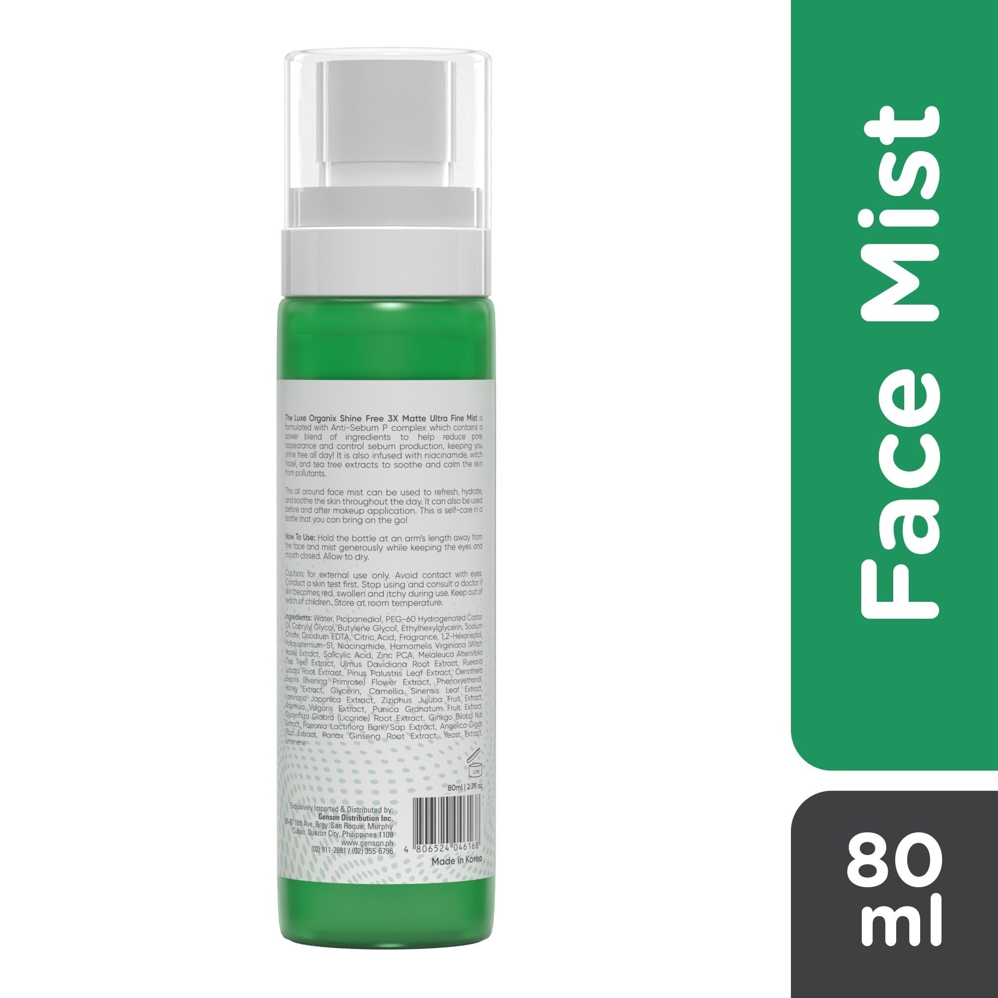 Shine Free 3x Matte Ultra Fine Mist by Luxe Organix – back label and ingredients