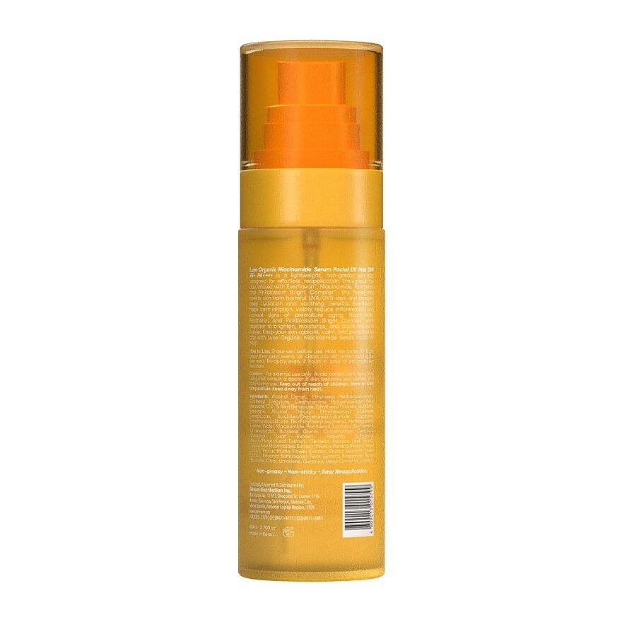 Niacinamide Serum Facial UV Mist SPF75+ PA++++ by Luxe Organix – back label and ingredients