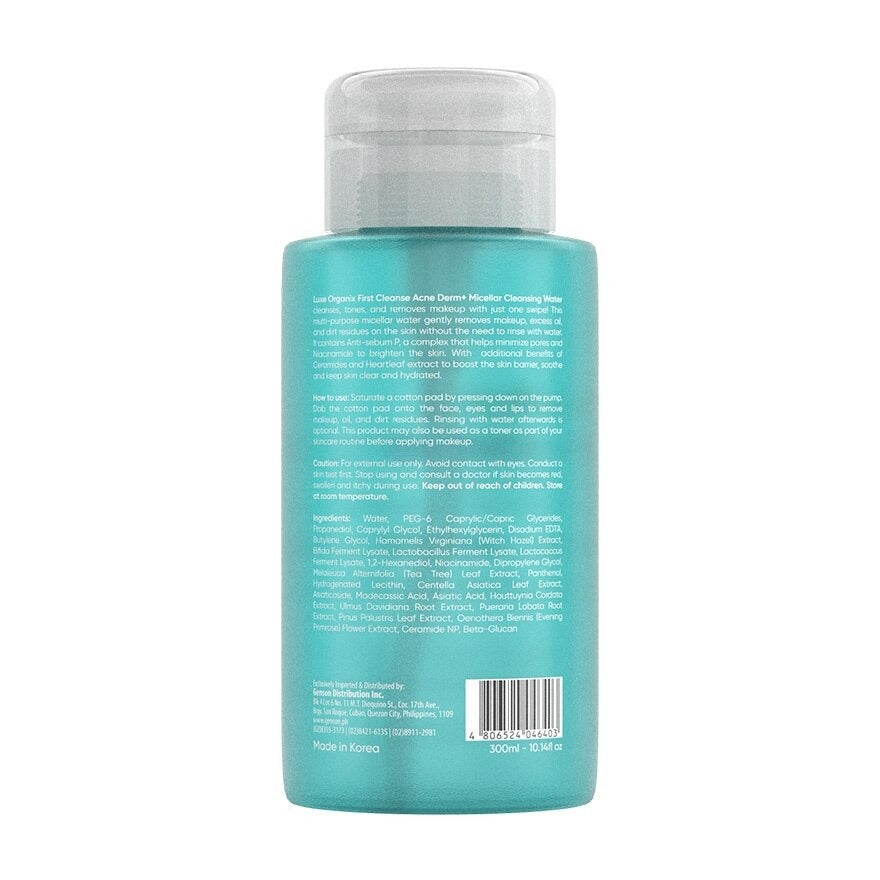 First Cleanse Acne Derm+ Micellar Beauty Water by Luxe Organix – back label and ingredients