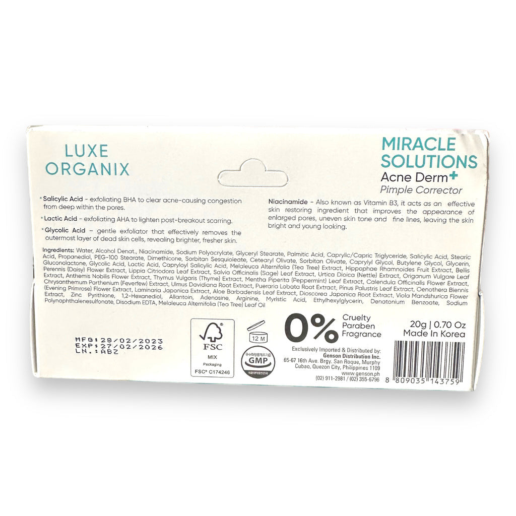AHA/BHA Spot Corrector Light by Luxe Organix – back label and ingredients