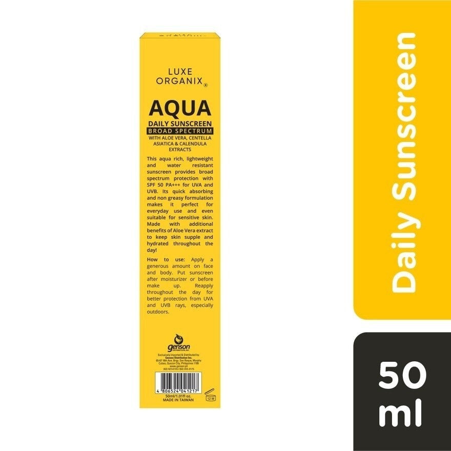 Aqua Daily Sunscreen SPF50+ PA+++ by Luxe Organix – back label and ingredients