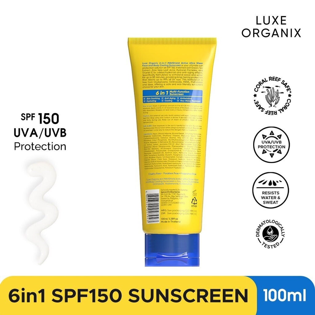 6-in-1 MAXShield Active Ultra Sheer Face & Body Sunscreen by Luxe Organix – back label and ingredients