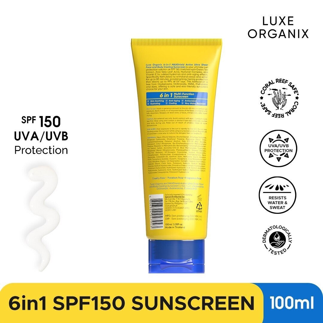 6-in-1 MAXShield Active Ultra Sheer Face & Body Sunscreen by Luxe Organix – back label and ingredients