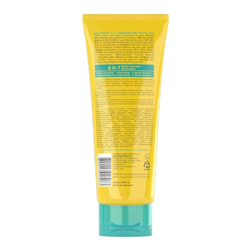 6-in-1 MAXShield 100% Mineral Ultra Sheer Face & Body Sunscreen SPF120 by Luxe Organix – back label and ingredients