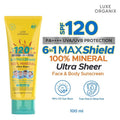 6-in-1 MAXShield 100% Mineral Ultra Sheer Face & Body Sunscreen SPF120 by Luxe Organix – front of product