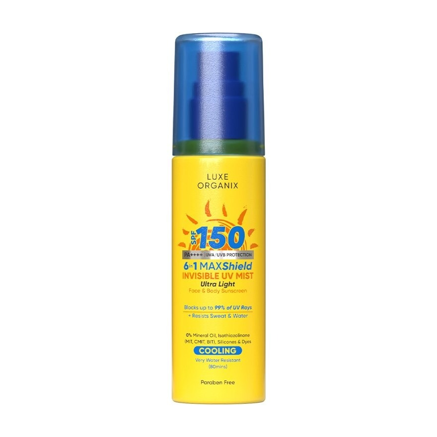 6-in-1 MAXShield Invisible UV Mist Ultra-Light Face & Body Sunscreen SPF150 by Luxe Organix – front of product