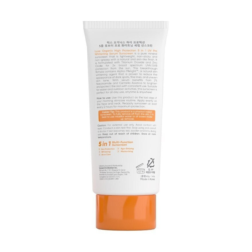5-in-1 UV Pro Whitening Serum Sunscreen by Luxe Organix – back label and ingredients
