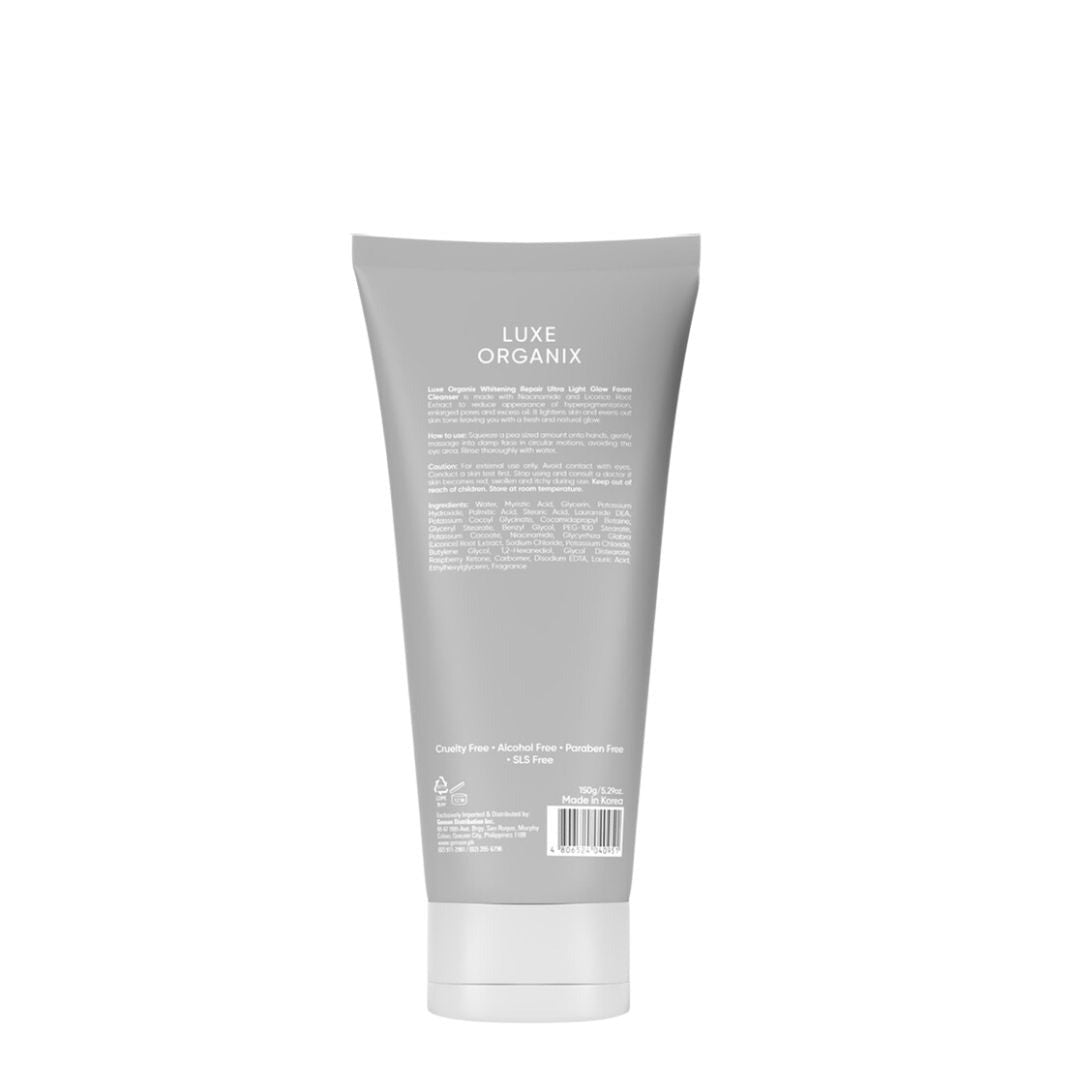 Ultra Light Glow Foam Cleanser by Luxe Organix – back label and ingredients