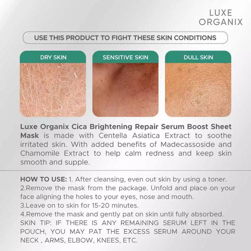 Luxe Organix Cica Brightening Repair Serum Boost Sheet Mask 25ml