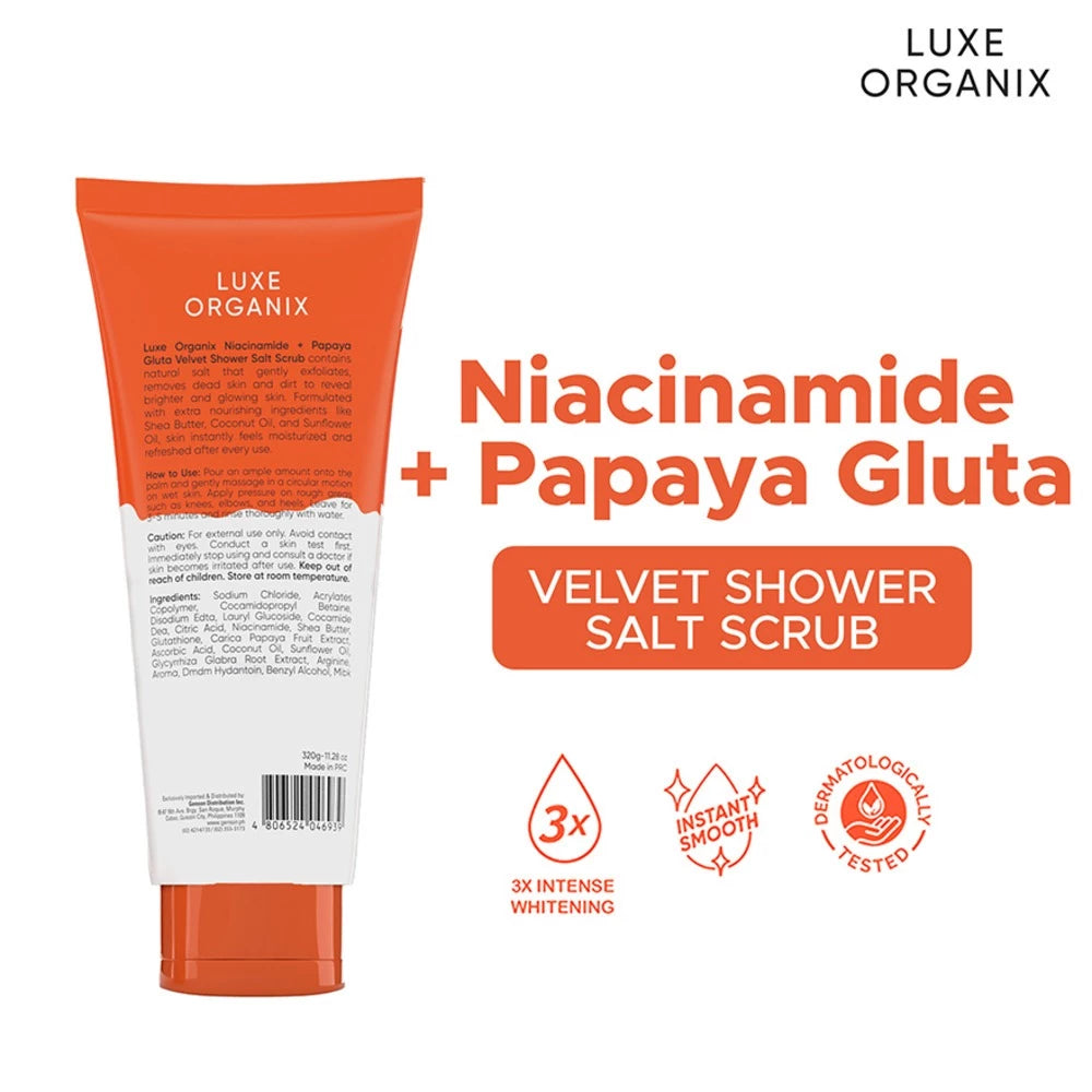 Luxe Organix Niacinamide + Papaya Gluta 3X Intense Whitening Velvet Shower Salt Scrub 320g