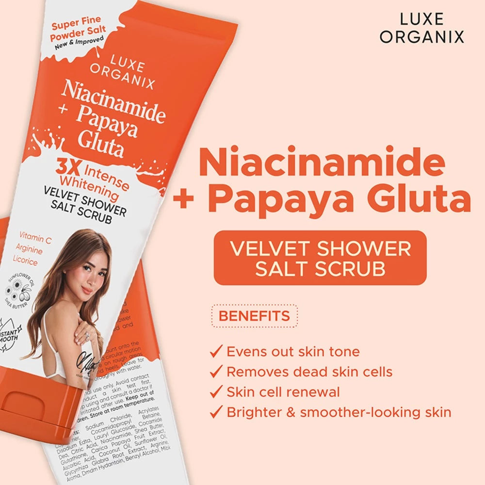 Luxe Organix Niacinamide + Papaya Gluta 3X Intense Whitening Velvet Shower Salt Scrub 320g