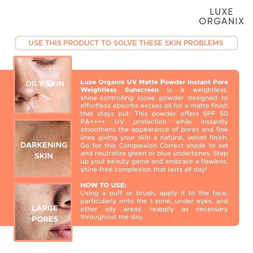 Luxe Organix UV Matte Powder Instant Pore Filter Weightless Sunscreen Complexion Correct 15g