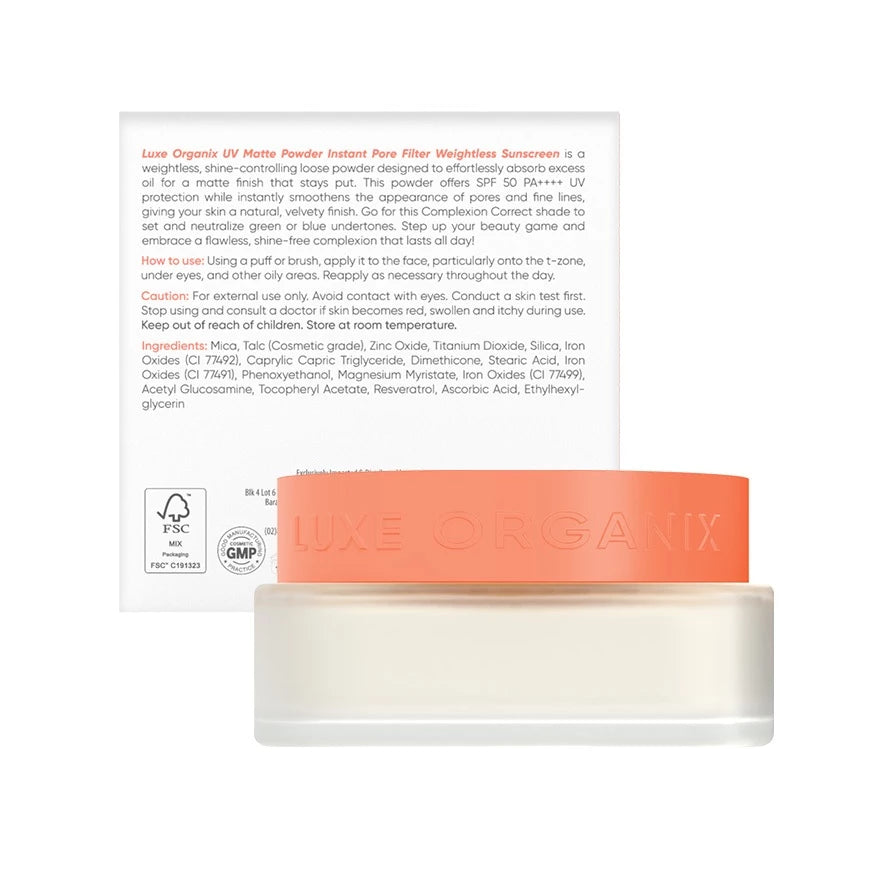 Luxe Organix UV Matte Powder Instant Pore Filter Weightless Sunscreen Complexion Correct 15g