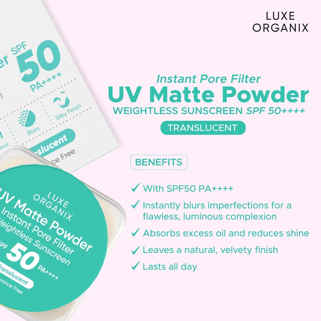 Luxe Organix UV Matte Powder Instant Pore Filter Translucent Weightless Sunscreen 15g