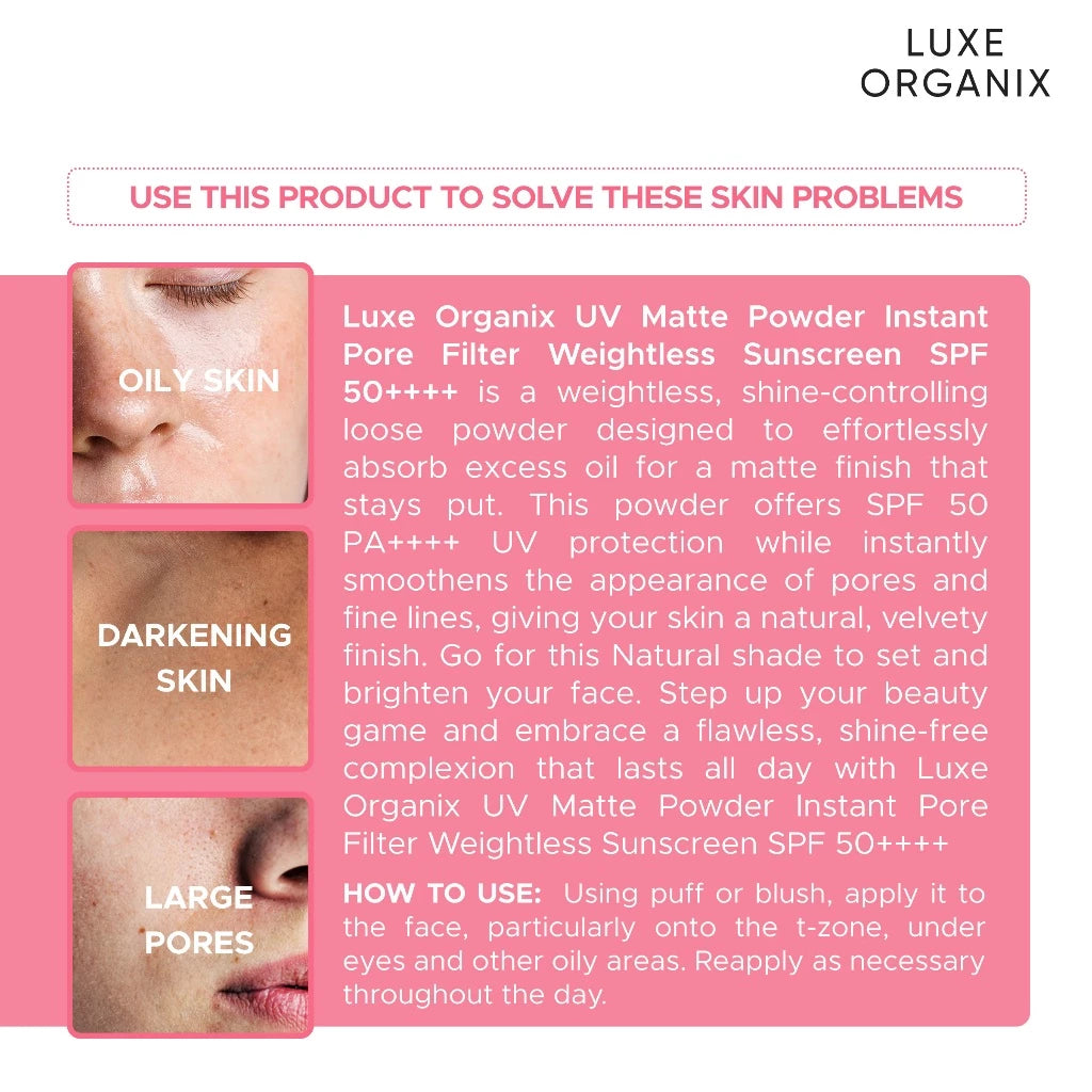 Luxe Organix 24H Zero Sebum Instant Pore Blurring Weightless Matte Powder SPF 50 PA++++ Natural 15g