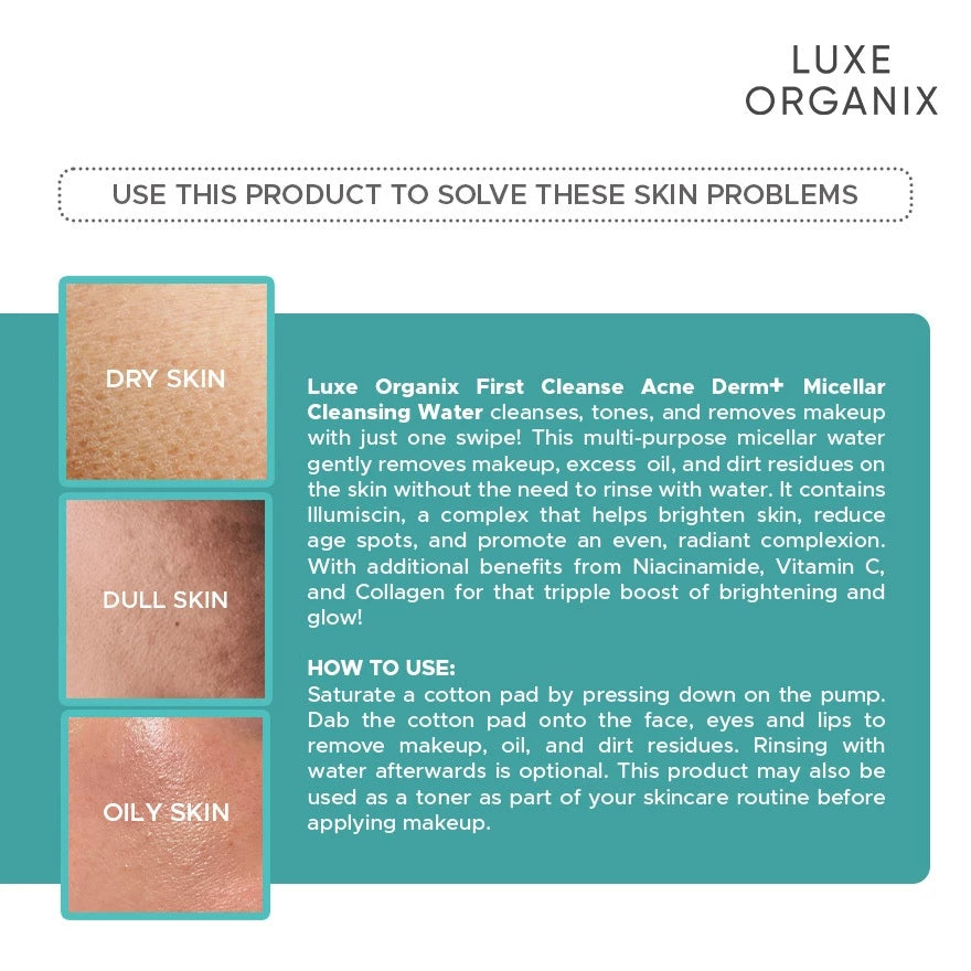 Luxe Organix Miracle Solutions First Cleanse Acne Derm+ Micellar Beauty Water