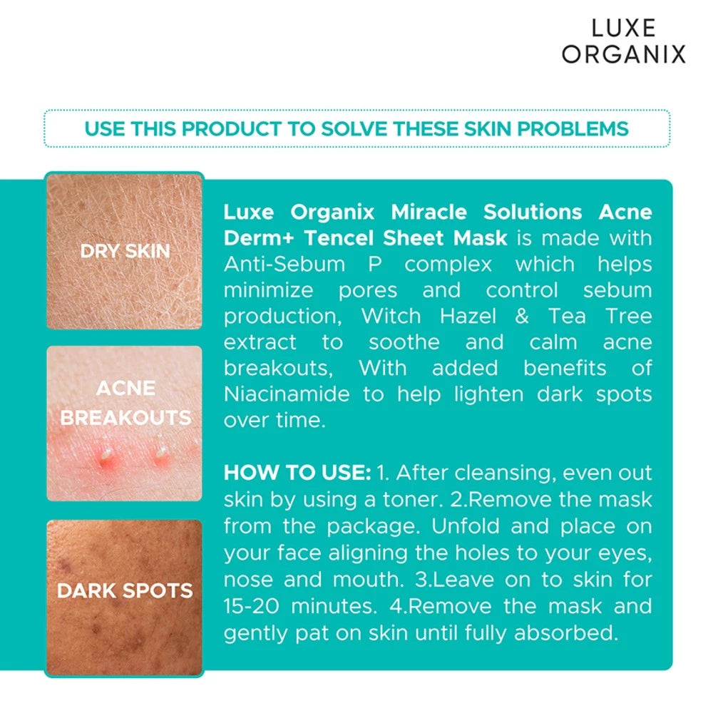 Luxe Organix Miracle Solutions Acne Derm+ Tencel Sheet Mask 25g