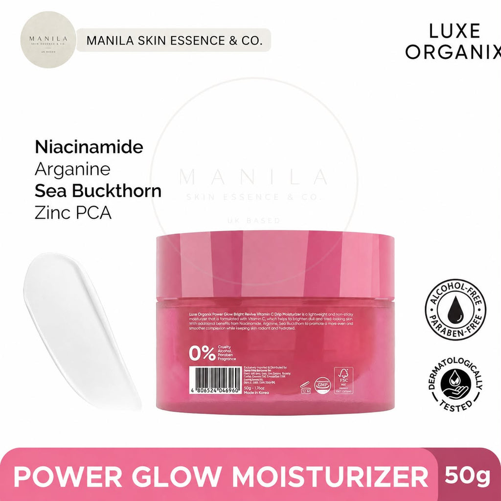 A pink jar of Manila Skin Essence & Co. Power Glow Moisturizer 50g, displayed on a white background with product ingredients listed on the left and certification badges on the right.