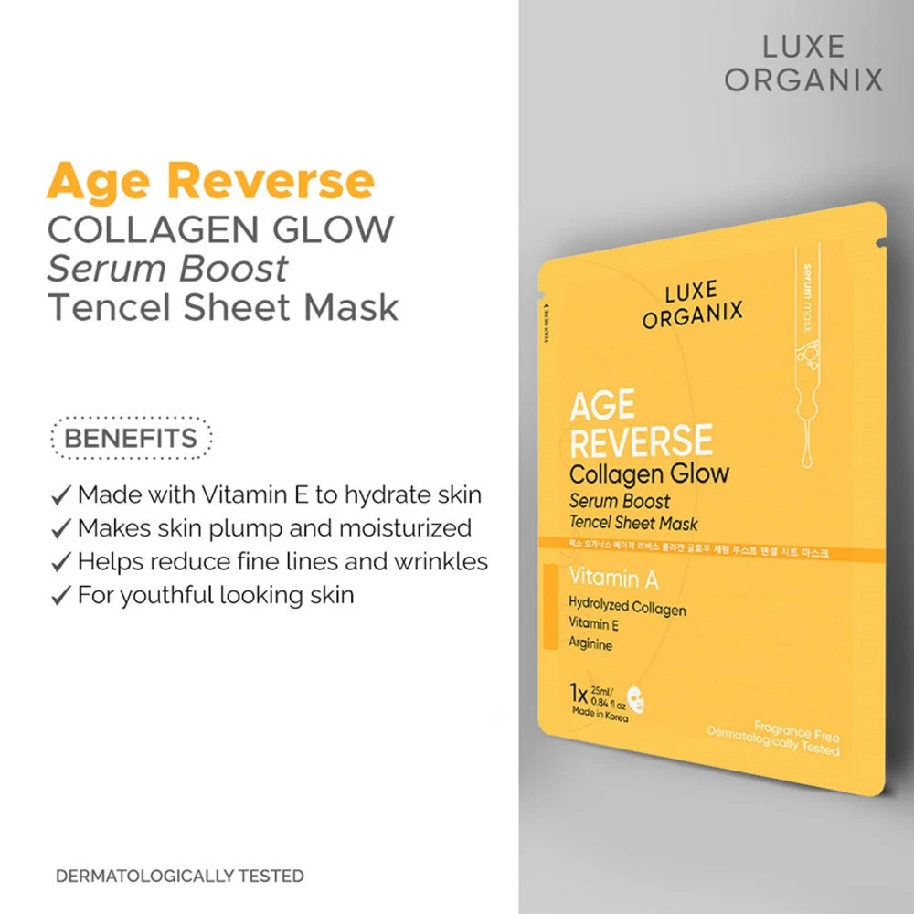 Luxe Organix Age Reverse Collagen Glow Serum Boost Tencel Sheet Mask 25ml