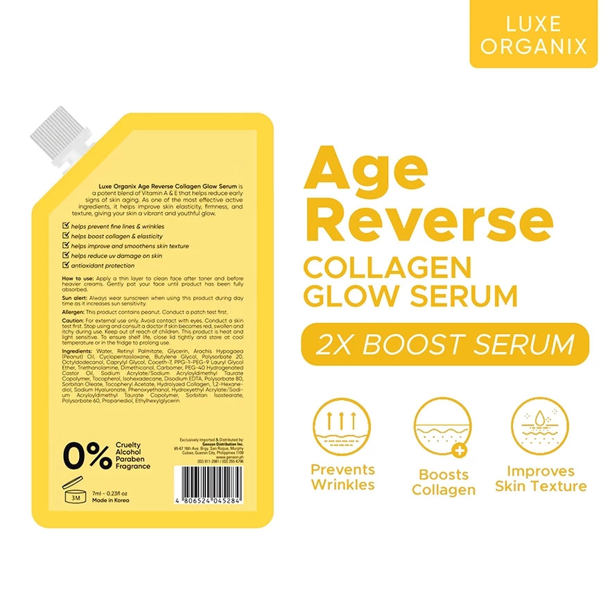 A yellow stand-up pouch of Luxe Organik Age Reverse Collagen Glow Serum shown on a white background, alongside large product text, a '2X BOOST SERUM' badge, and three feature icons for wrinkle prevention, collagen boost, and skin texture improvement.