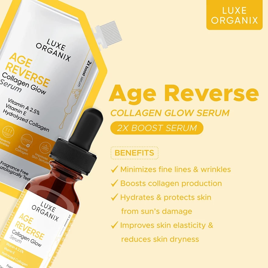 Luxe Organix Age Reverse Collagen Glow Serum shown with its white and yellow squeeze pouch, amber dropper bottle, and product benefits text on a pale yellow background.