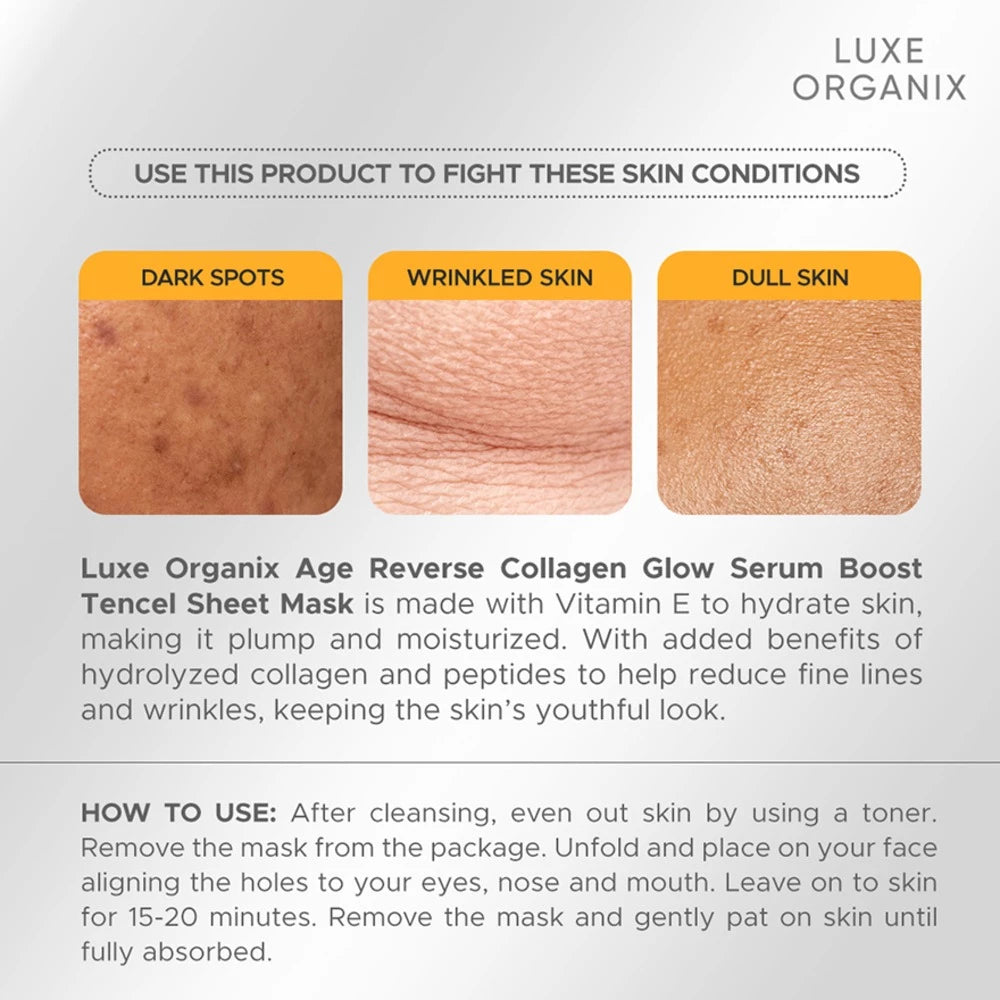 Luxe Organix Age Reverse Collagen Glow Serum Boost Tencel Sheet Mask 25ml