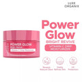 Luxe Organix Power Glow Vitamin C Drip Moisturizer jar in pink, shown alongside product text and three feature icons on a white background.