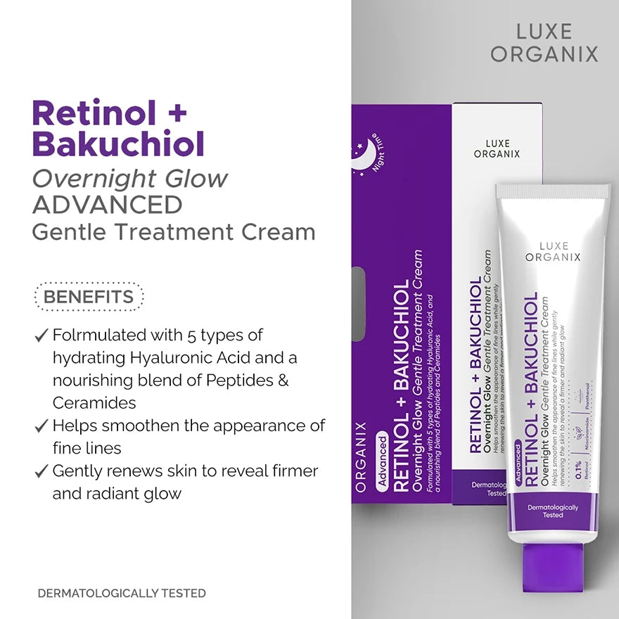 Luxe Organix Retinol + Bakuchiol Overnight Glow Gentle Treatment Cream Moisturizer 30g