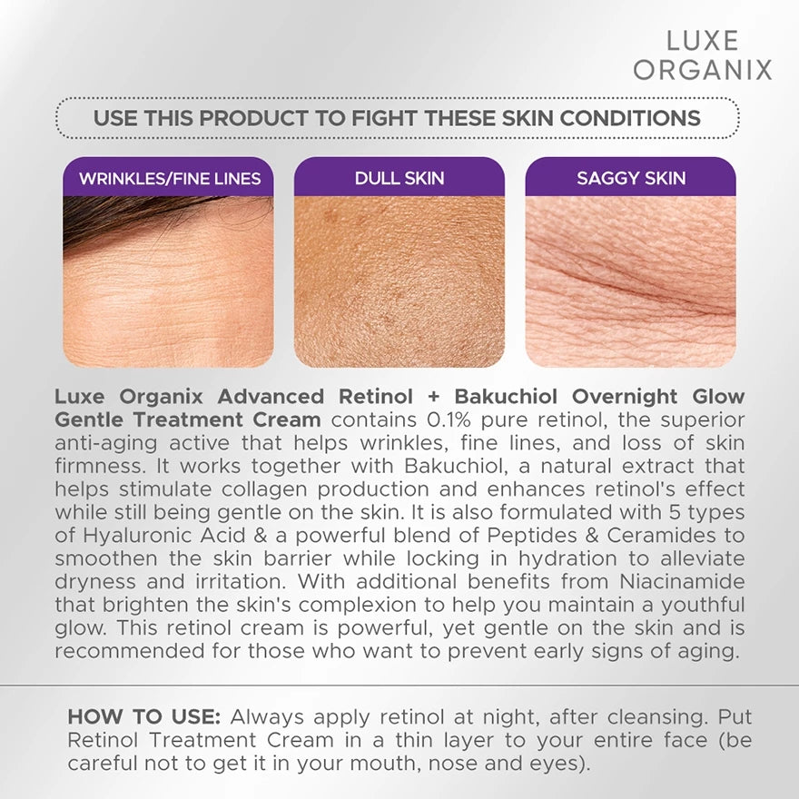 Luxe Organix Retinol + Bakuchiol Overnight Glow Gentle Treatment Cream Moisturizer 30g