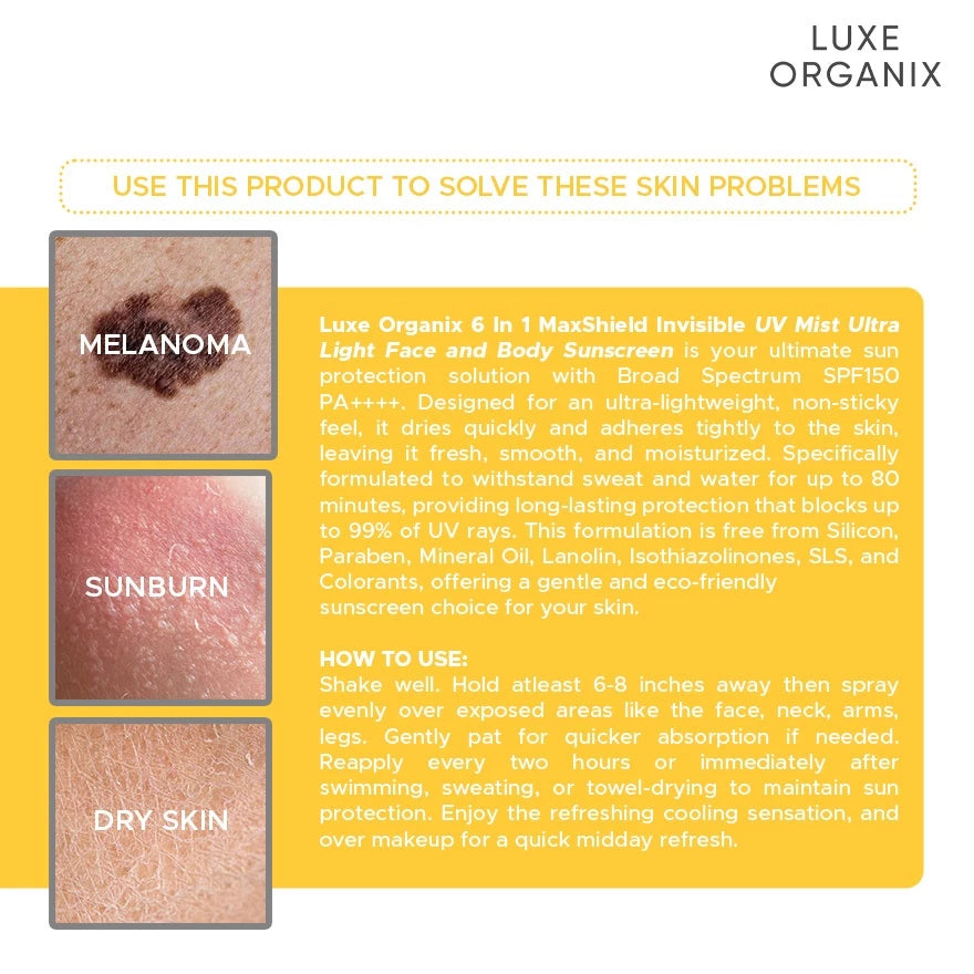 Luxe Organix 6-in-1 MAXShield Invisible UV Mist Ultra-Light Face & Body Sunscreen SPF150 90ml