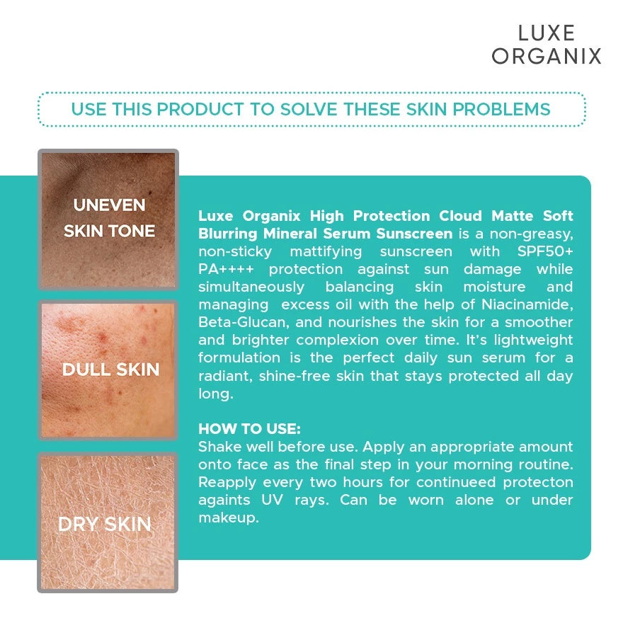 Luxe Organix High Protection Cloud Matte Soft Blurring Mineral Serum Sunscreen 40g