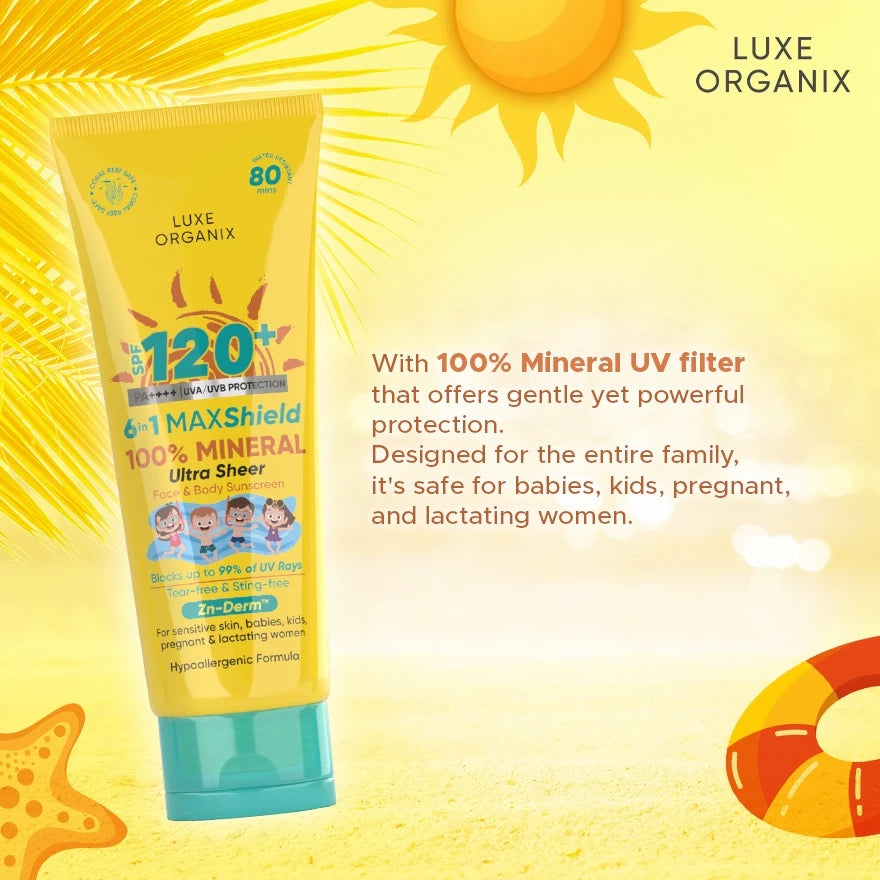 Luxe Organix 6-in-1 MAXShield 100% Mineral Ultra Sheer Face & Body Sunscreen SPF120 100ml