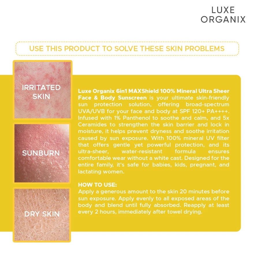 Luxe Organix 6-in-1 MAXShield 100% Mineral Ultra Sheer Face & Body Sunscreen SPF120 100ml