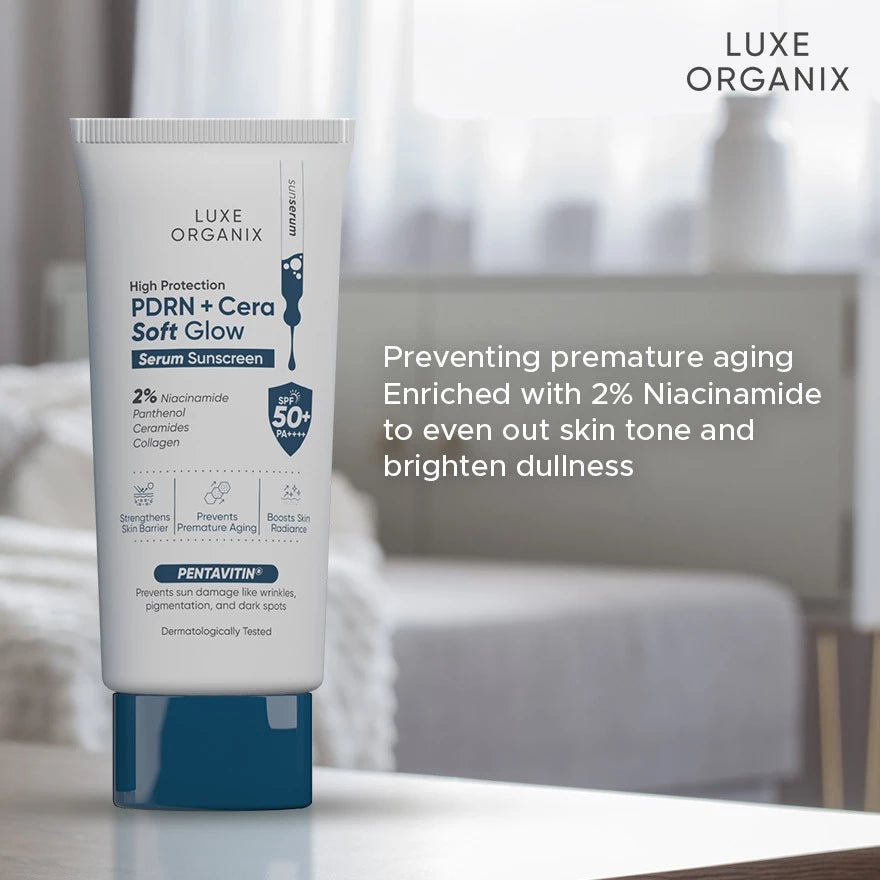 Luxe Organix High Protection Aqua PDRN + Cera Soft Glow Serum Sunscreen SPF50+