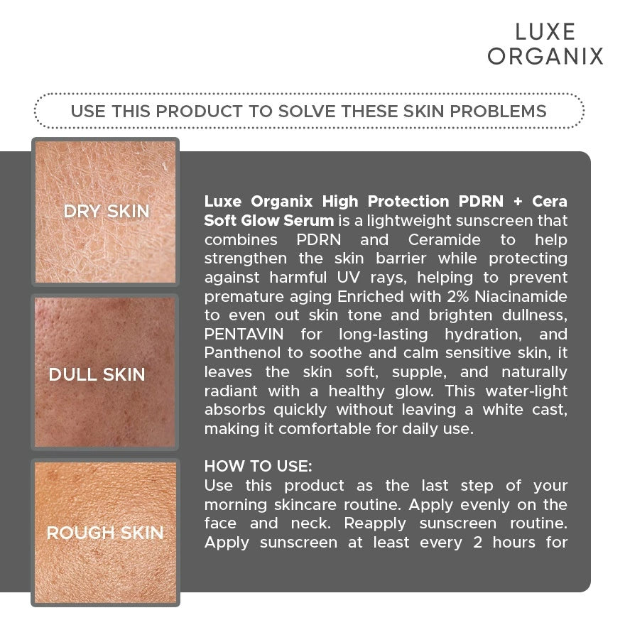 Luxe Organix High Protection Aqua PDRN + Cera Soft Glow Serum Sunscreen SPF50+